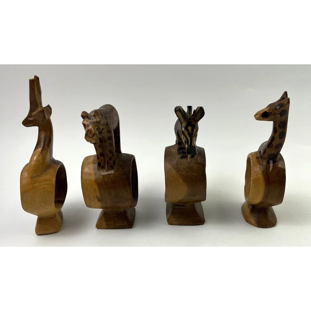 Vintage Hand Carved Animal NAPKIN RINGS African Safari Set of 4
